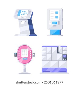 Collection of self service electronic payment machines with touch screen, pos terminal, ticket machine, and automated lockers.