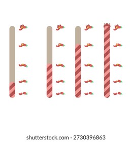 coleção de ícones de medidores semicirculares projetados para indicar especiarias alimentares. Cada medidor possui um ponteiro de agulha e uma escala codificada por cores que varia de amarelo pálido (suave) a vermelho vibrante (extra quente). Pequenos ícones de pimenta são colocados ao redor do perímetro para representar visualmente o aumento da intensidade de calor