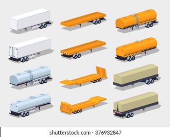 Collection of semitrailers. 3D lowpoly isometric vector illustration. The set of objects isolated against the white background and shown from two sides