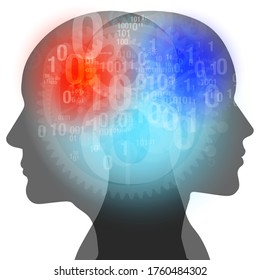 A collection of semi-transparent Numbers, Gears and Network links overlaid across a female and male side profile silhouette.
