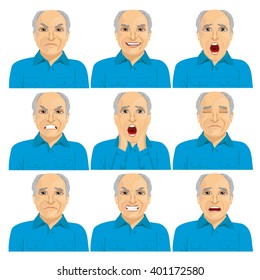 collection of senior adult bald man making six different face expressions 