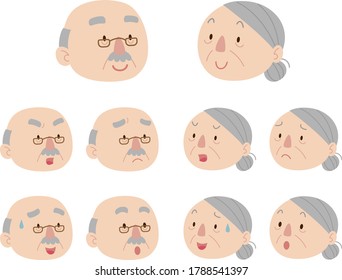 Collection of senior couple facial expression icons.