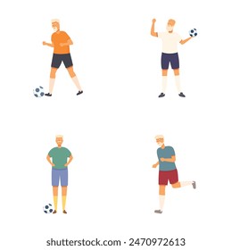 Collection of senior men playing soccer, showcasing active lifestyle and sports enthusiasm