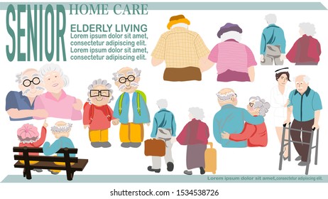 Collection of senior people characters set style, couple elderly, health life, Insurance icon for pension, banner, infographic, design for ui, ux, website or publisher, flat vector, easy to adjust.