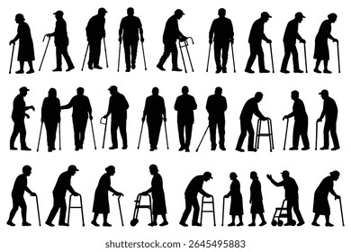 Collection of senior people silhouettes using walking aids isolated on white background