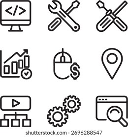 Colección de iconos de SEO y desarrollo, incluyendo codificación, herramientas y análisis