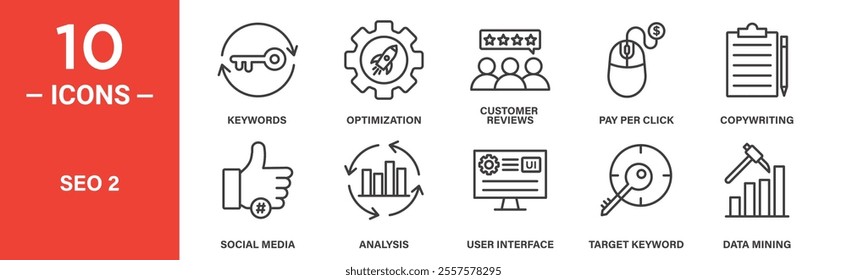 A collection of SEO icons depicting optimization, keywords, customer reviews, pay-per-click, social media, copywriting, user interface, target keywords, and data mining.