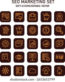 Colección de los íconos de marketing SEO y optimización de Web con Elementos de interfaz de usuario blanda en formato de Vector editable diseñado para