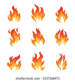 Collection of seperate Fire and Flame icons on white background.  Vector color Illustration.