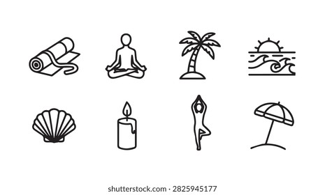 Collection of serene symbols including a rolled mat seated meditator tropical palm ocean waves seashell burning candle tree pose and sunshade perfect for health and wellness promotion.