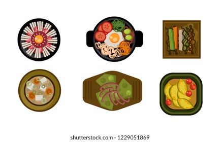 Collection of served dishes set, cooking, healthy eating concept vector Illustration on a white background