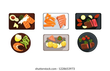 Collection of served food dishes, meat and salmon steak, cooking and healthy eating concept, top view vector Illustration