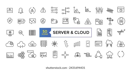 Collection of Server and Cloud Data related editable stroke icons, includes data storage, cloud storage data, technology services, server, Data thin line icons