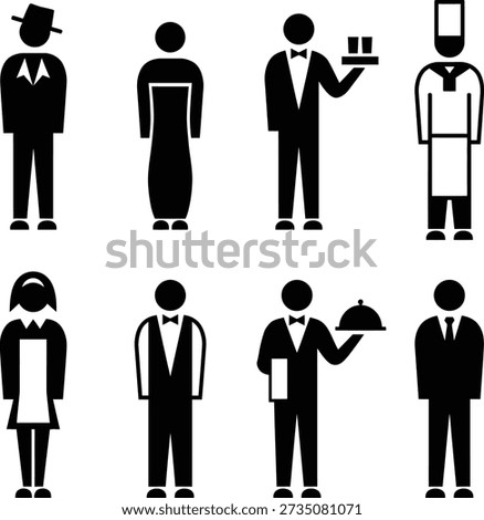 Collection of service industry professionals in various uniforms and roles standing confidently in formal attire