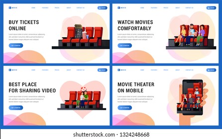 Collection of services and comforts at theatre such as buy tickets online watch movie comfortably best place for sharing video and theater on mobile vector illustration. Web design template