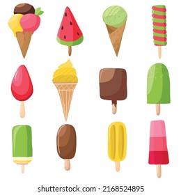 Collection set of 12 vector bright colors ice cream illustrations isolated on white