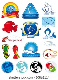 A collection set of 17 illustrations of fishes in unique exquisite and ornamental style. Template designs Glossy vector sea icons of waves and fish. Seafood Header for coffee and restaurant.