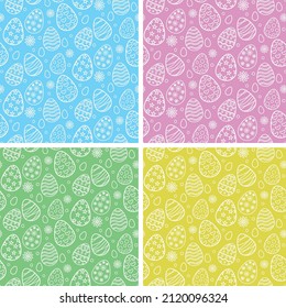 Colección de 4 huevos de Pascua sin fisuras en el estilo de arte en línea sobre fondo amarillo, rosa, azul y verde. Ideal para tarjetas de felicitación de Pascua, papel de envoltura de regalo y textiles. 