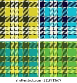Collection set of 4 plaid checkered tartan seamless pattern in yellow, blue, green and teal. Great for spring and Easter cloths and as fabric and texture 