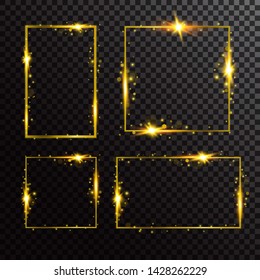 Collection set of 4 shiny golden frames with flares isolated on black background. Design element for wedding invitation, new year, birthday, card, brochure, web and ad