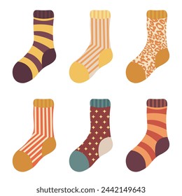 A collection set of 6 long ankle socks in various colors with different patterns including thin stripes, wide stripes, stars, animal prints, in green, red, yellow, pink, and orange