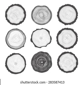 Collection Set Of 9 Tree Rings. Black Color On White Background