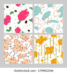 collection set of abstract backgrounds with texture effect and doodle drawings. Multicolor seamless pattern. Fun design for print, textile, wrapping paper. Digital paper. Stock vector illustration.
