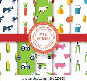 collection set of agricultural seamless pattern. Farm, instrument, fruits, tractor, animals, tools with label logo concept. Vector abstract template for greeting card or invitation design illustration