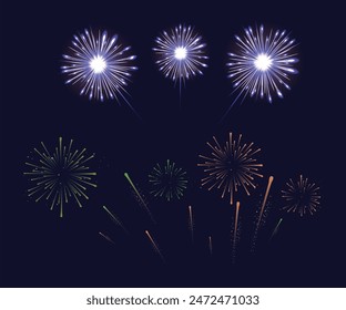 Kollektion Set Amazing Beautiful Feuerwerk isoliert auf schwarzem Hintergrund für Feierabend fröhlichen Heiligabend und glückliches neues Jahr, festlich gemusterte Feuerwerk platzt in verschiedenen Formen.