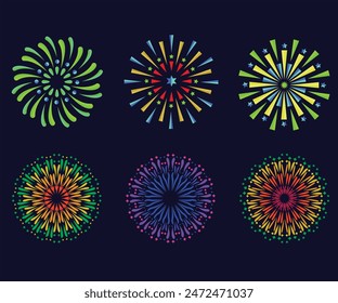 Collection Set Amazing Beautiful firework isolated on black background for celebration anniversary merry christmas eve and happy new year, Festive patterned firework bursting in various shapes.