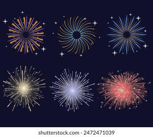 Kollektion Set Amazing Beautiful Feuerwerk isoliert auf schwarzem Hintergrund für Feierabend fröhlichen Heiligabend und glückliches neues Jahr, festlich gemusterte Feuerwerk platzt in verschiedenen Formen.