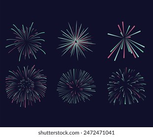 Kollektion Set Amazing Beautiful Feuerwerk isoliert auf schwarzem Hintergrund für Feierabend fröhlichen Heiligabend und glückliches neues Jahr, festlich gemusterte Feuerwerk platzt in verschiedenen Formen.