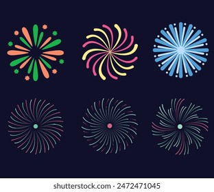 Kollektion Set Amazing Beautiful Feuerwerk isoliert auf schwarzem Hintergrund für Feierabend fröhlichen Heiligabend und glückliches neues Jahr, festlich gemusterte Feuerwerk platzt in verschiedenen Formen.