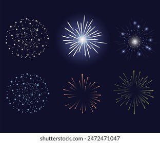 Kollektion Set Amazing Beautiful Feuerwerk isoliert auf schwarzem Hintergrund für Feierabend fröhlichen Heiligabend und glückliches neues Jahr, festlich gemusterte Feuerwerk platzt in verschiedenen Formen.