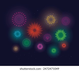 Collection Set Amazing Beautiful firework isolated on black background for celebration anniversary merry christmas eve and happy new year, Festive patterned firework bursting in various shapes.