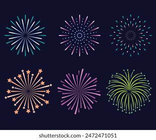 Kollektion Set Amazing Beautiful Feuerwerk isoliert auf schwarzem Hintergrund für Feierabend fröhlichen Heiligabend und glückliches neues Jahr, festlich gemusterte Feuerwerk platzt in verschiedenen Formen.