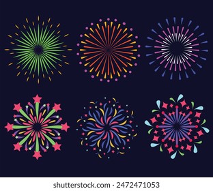 Kollektion Set Amazing Beautiful Feuerwerk isoliert auf schwarzem Hintergrund für Feierabend fröhlichen Heiligabend und glückliches neues Jahr, festlich gemusterte Feuerwerk platzt in verschiedenen Formen.