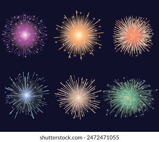 Kollektion Set Amazing Beautiful Feuerwerk isoliert auf schwarzem Hintergrund für Feierabend fröhlichen Heiligabend und glückliches neues Jahr, festlich gemusterte Feuerwerk platzt in verschiedenen Formen.