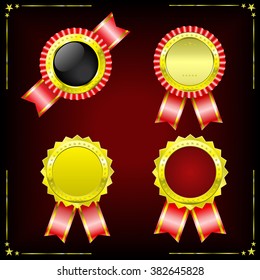 Collection set of application certifications Medals warranty gold glitter on red ribbons.