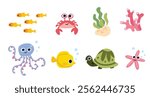 Collection set of aquarium animal inhabitants, marine ocean inhabitants turtle corals algae crab fish starfish octopus 