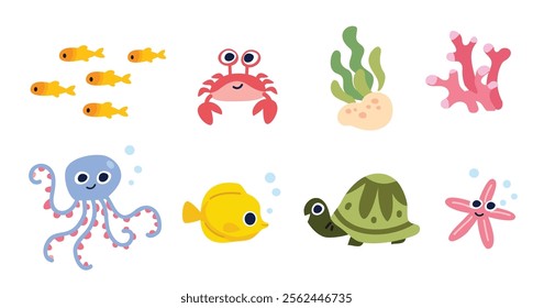 Collection set of aquarium animal inhabitants, marine ocean inhabitants turtle corals algae crab fish starfish octopus 