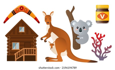 Collection set of Australian items kangaroo koala wooden house coral vegemite aboriginal pattern boomerang