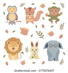 Colección ambientada hermosos animales macho conejo ardilla de elefantes de león en forma de vectores de color plano