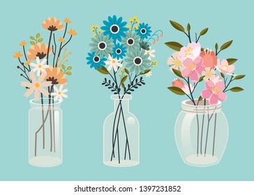 Colección de flores en el frasco de arte vectorial plano. una hermosa flor en el frasco sobre fondo azul puede ser usada para banner y patrón.