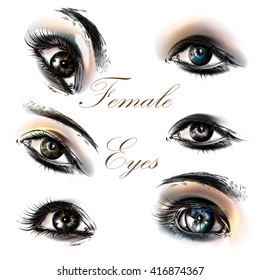 A collection or set of beautiful realistic female eyes for design