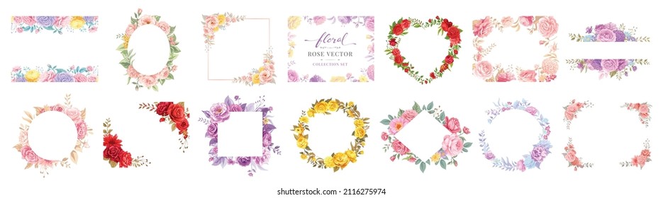 Collection set Beautiful Rose Flower and botanical leaf digital painted illustration for love wedding valentines day or arrangement invitation design greeting card.
