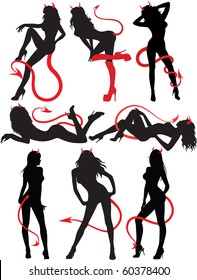 Collection Set Of Beautiful Sexy Devil Women, Standing, Sitting And Laying Down, Resting. Black And Red,silhouettes  Isolated On White