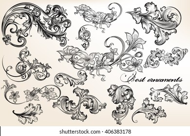 A collection or set of beautiful vector ornaments in Victorian vintage style filigree drawings