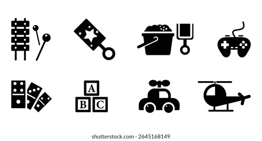 A collection set of black icons for children's toys. Children's toys solid icons set – playful, filled, kid activity symbols. toys icon set. Vector Illustration.