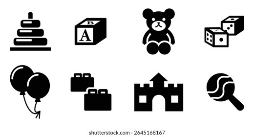 A collection set of black icons for children's toys. Children's toys solid icons set – playful, filled, kid activity symbols. toys icon set. Vector Illustration.